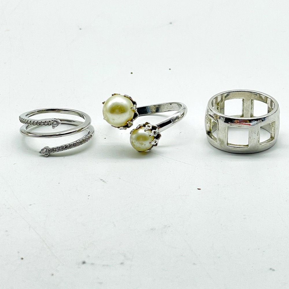 Silver Tone Ring Lot of 3 Faux Pearl Rhinestone Wrap Openwork Band Statement